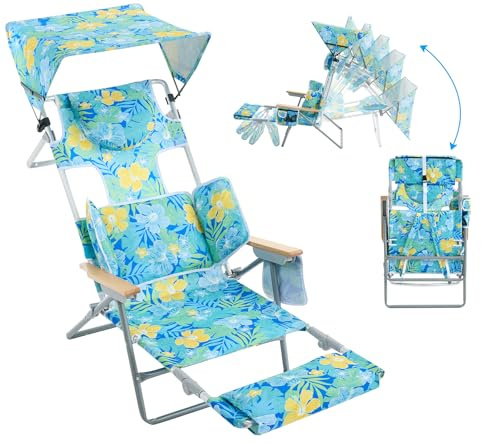 Heavy Duty Backpack Beach Chair with Sun Canopy for Adults, Reclining Lounge Chair Tanning Chair with Face Hole, 5-Position Foldable Camping Chair for Beach, Pool, Patio, Camping, Yellow&Green, 70.1