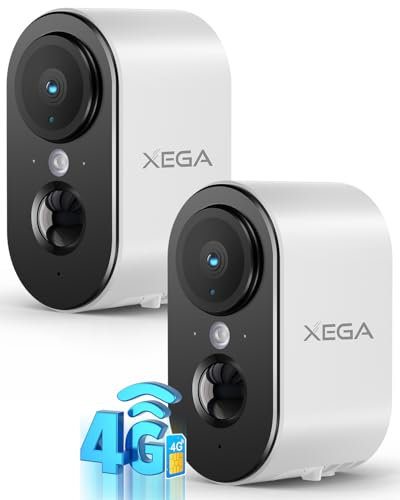 Xega 2PCS 4G LTE Caméra de Sécurité Extérieur Intérieur avec Carte SIM, 2K HD Caméra IP Portable Batterie 6000mAh, Détection de Mouvement PIR, Vision Nocturne Couleur, Audio 2 Voies, TF/Cloud, IP65