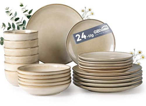GBHOME Ceramic Dinnerware Sets for 6, 24 Pieces Handpainted Plates and Bowls Set, Scratch Resistant Stoneware Dishes Set, Dishwasher & Microwave Safe, Cappuccino