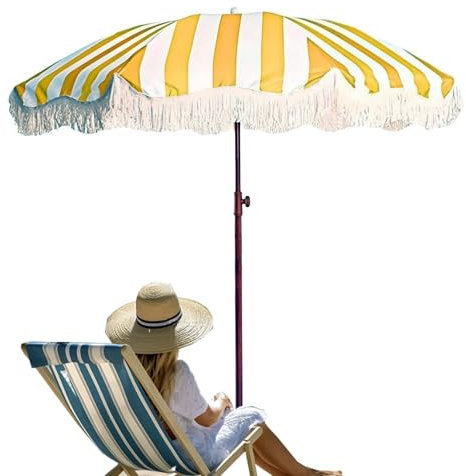 Parasol à Franges 200 Cm, Parasol de Plage Rayé Anti-UV pour Jardin, Pelouse, Piscine et Plage