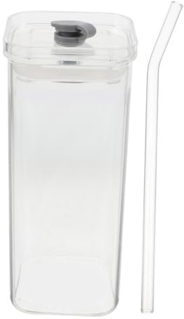 ERINGOGO Square Glass Drinking Cup Lid Straw Cold Cup Glass Tumbler for Home Office School Portable Reusable Glassware