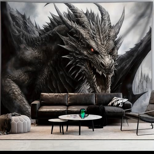 Arsey Wandteppich Drachen mit Feurigen Augen, Fantasy Gothic Tier Wandteppiche Aesthetic Spirituell Tapestry Wandtuch für Schlafzimmer Wohnzimmer BüRo Party, Grau-Schwarz 230x180cm