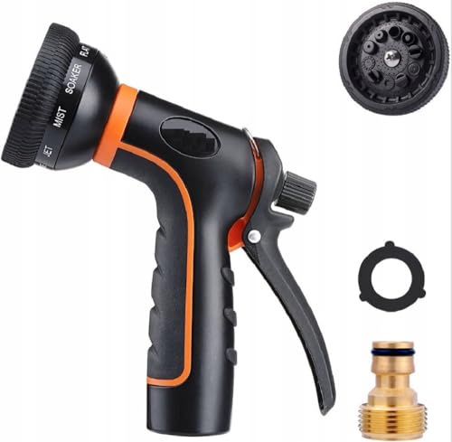Garden Hose Nozzle with 10 Spray Patterns, Metal Brass Head, Leak-Resistant Design, Ergonomic Zinc Alloy Handle, Compatible with Standard Hoses for Outdoor Watering and Cleaning