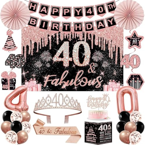 40th Birthday Decorations for Women, Rose Gold 40th Birthday Party Kits | 32pcs Happy 40 Years Old Party Decorations Set, Backdrop, Crown, Sash, Banner, Cake Topper, Balloons, Card, Paper Fans