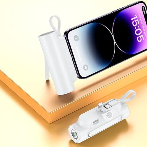 Multi-Function Portable Charger With Built in Cable, Sleek Mini Power Bank with LED flashlight, Lightning+ Type-c output, Quick Charge for iPhone Samsung Pixel iPad (White, Milliamp Hours, 3000)
