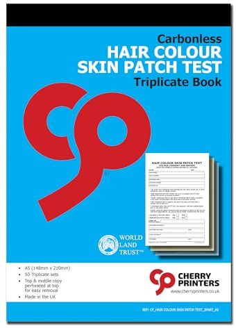 Cherry kolfri hårfärg hudlapp test triplikat bok A5 | 50 salong patch test samtycke formulär | färgservice allergi testregister | perforerade toppkopior | tillverkad i Storbritannien