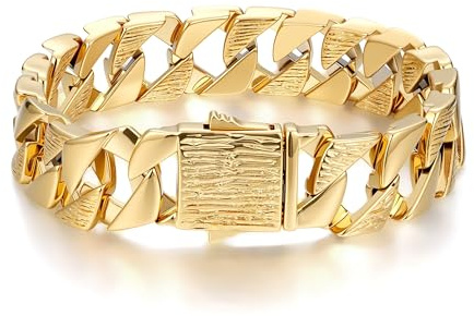 THE BLING KING 14mm Gold Plated Cuban Curb Bracelet for Men – 85g Heavyweight Bark Pattern, 8-Inch – Chunky Gold Bracelet