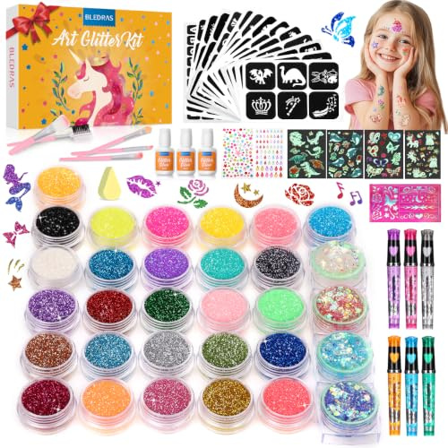 Bledras Glitzer Tattoo Set Kinder – 6 Tattoo Stifte + 31 Glitzerfarben | Komplett-Set mit 178 Schablonen, 5 Pinseln, 3 Klebern,Leucht-tattoos– Make-up Set für Mädchen & Jungen – Geschenk ab 3 Jahren