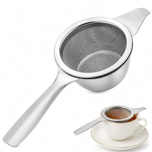 Mistillion 2 Pack Stainless Steel Tea Strainer with Drip Bowl, Fine Mesh Tea Filter for Loose Leaf Tea Coffee Herbs, Rust Resistant Kitchen Sifter with Non-Slip Handle