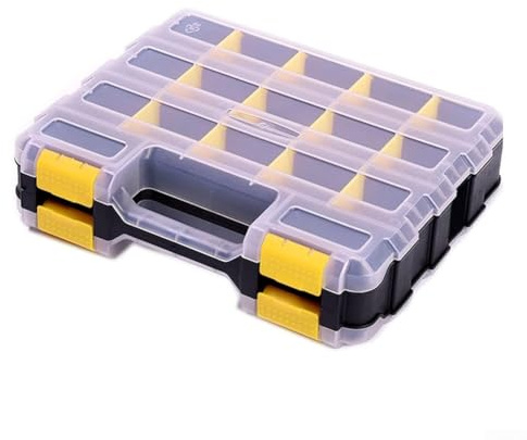 Boîte de rangement à outils, 34 compartiments double face avec cloisons amovibles en plastique pour vis, écrous, boulons, design transparent pour maison, garage, atelier (jaune)