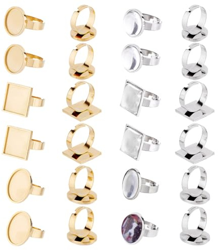 DICOSMETIC 12 Stück Ringrohlinge für Schmuckherstellung 18mm Edelstahl Cabochon Ring Tablett Verstellbare Quadratische & Runde Zargen Finger Cuff Ringe Bastelset für Harz oder Edelstein Fassung