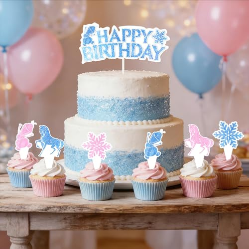 25Pcs Frozen Cake Toppers Non-Edible - Princess Theme Party Decorations for Kids Birthday with Snowflake, Snowman and Horse Designs - Safe Paper Cupcake Toppers Set