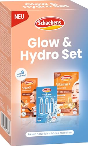 Schaebens Glow & Hydro Set (8 Artikel) - Hyaluron Hydrogel Augenpads Cooling Hydro Vitamin C Augenpads Hyaluron BeautyShot Vitamin C Konzentrat Feuchtigkeitsmaske Vitamin C Tuchmaske Arganöl Haarmaske