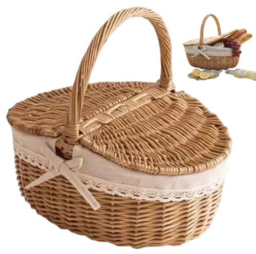 Picknickkorb aus Weide im Vintage Stil, gewebte Picknickkörbe mit Deckel und Griffen für Picknicks, Camping, Einkaufen und Aufbewahrung zu Hause, Kleiner Picknickkorb aus Weide, Picknickkörbe