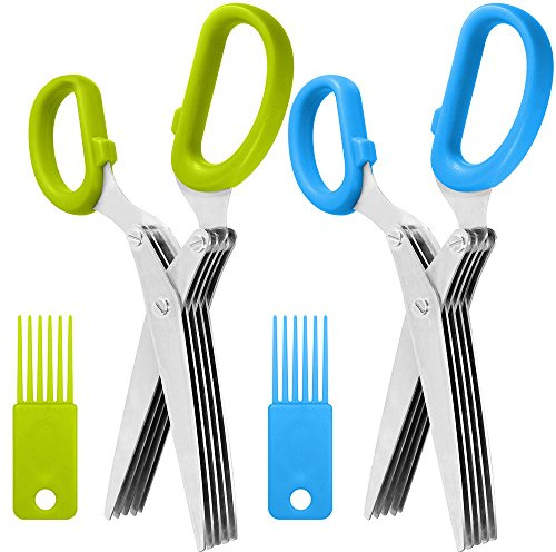 Lot de 2 en acier inoxydable Ciseaux à Herbes, Sourceton multi-usage de cuisine cisaillement avec 5 lames et brosse de nettoyage