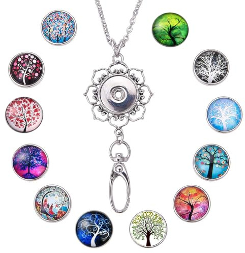 SUNNYCLUE 1 Set 30 Femmes Bureau Longe ID Badges Titulaire Collier avec 12 pcs Alliage Breakaway Strass Snap Boutons Charmes Bijoux Pendentif Clip Pour Les Clés (Arbre de Vie)