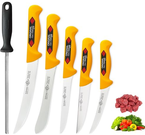 EIKASO Solingen 6-Teiliges Profi Messer Set geeignet als Metzgermesser, Fleischermesser, Schlachtermesser, Ausbeinmesser & Kochmesser (Gelb)