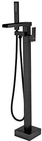 Waterfall Freestanding Bathtub Faucet, TapLong Matte Black Floor Mount Tub Filler, High Pressure Single Handle Bathtub Filler with Handheld Sprayer,51001ZBG