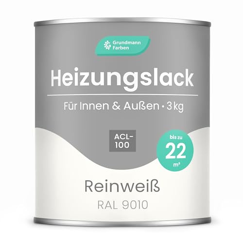 GRUNDMANN Heizkörperlack - 3 Kg - Heizungslack, Heizungsfarbe, Heizkörperfarbe, Acryllack - ACL 100 - RAL 9010 Reinweiß