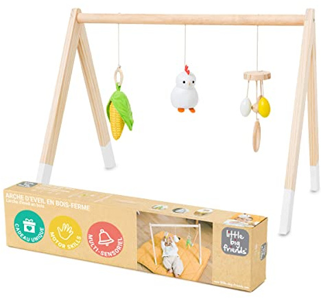 Little Big Friends Farm Holz Aktivitätsbogen und Baby-Fitnessstudio mit 3 hängenden Spielzeugen für Baby oder Neugeborene