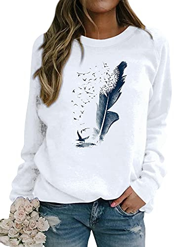 Dresswel Pullover Damen Feder Drucken Sweatshirt Langarmshirt Rundhals Langarm Shirts Herbst Winter Pulli Tops Oberteile Bluse(Weiß,L)