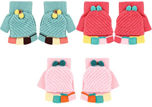 Jupsk 3 Pairs Kids Gloves Winter Knit Colorful Fingerless Gloves Convertible Magic Gloves Stretch Warm Mittens Kids, Unisex, 5-12 Years Old, Multicoloured, One Size