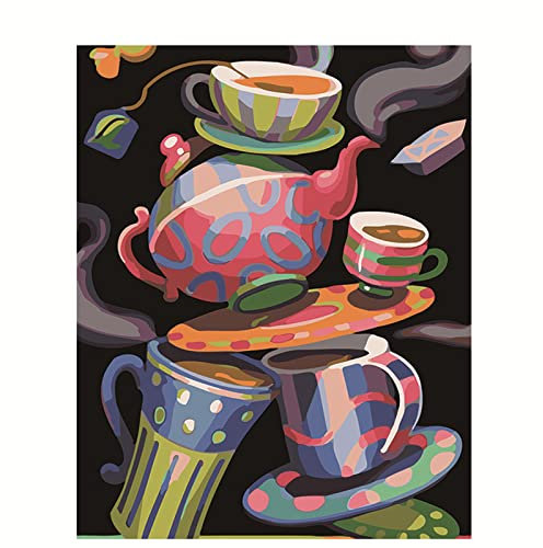 Cekog Paint by Numbers Color Tea Set,DIY Paint by Numbers Kits for Adults Kids,Canvas Oil Painting Paint by Numbers with Brushes and Acrylic Pigment Arts Craft for Home Wall Decoration 16x20in Framed