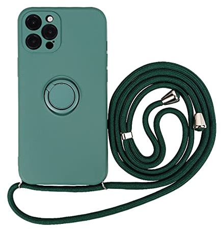 Emlivi Handykette Hülle für iPhone 12 Pro Max Necklace Handyhülle mit 360 Grad Ring Halter Nylon Schultergurt Silikon TPU Cover mit Kordel zum Umhängen Schutzhülle für iPhone 12 Pro Max,Armeegrün