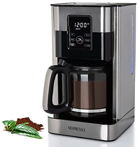 Mixpresso 12-Cup Drip Coffee Maker With LCD Touch Display, Programmable Coffee Pot Machine, Borosilicate Glass Carafe, Anti-Drip System, Stainless Steel & Black Electric Coffee Maker