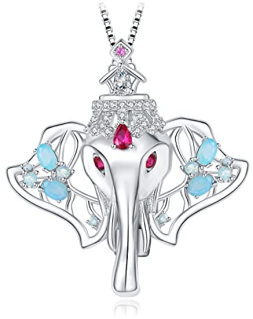 JewelryPalace Glückselefant Rundschliff Erstellt Rot Rubin Blau Spinel Cluster Ketten Anhänger 45CM, Brosche Stein Schmuck Set, Halskette Damen Silber 925 Collier Damen,Schmuck Mädchen Geschenk Frauen