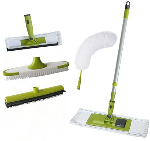 HOME MAX 5 in 1 Home Cleaning Kit with Extension Pole Replacement Heads to Keep All Surface of Homes Tidy | Includes Soft Rubber Broom Indoor, Window Cleaner, Duster, Flat Mop and Brush