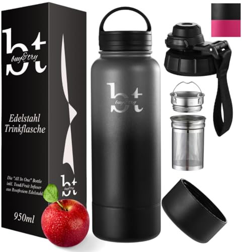 Trinkflasche mit Früchtebehälter, Sportflasche 1Liter (950ml), Thermosflasche aus Edelstahl, Isolierflasche Kaffe/Tee, Thermoskanne mit Becher, Isolierkanne inkl. Teesieb für losen Tee (Schwarz/Grau)