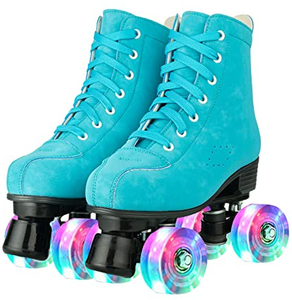 Hurber Women Roller Skates High-Top Double-Row PU Leather Outdooer Roller Skates for Girls (Blue Flashing Wheel,41 - US:10)