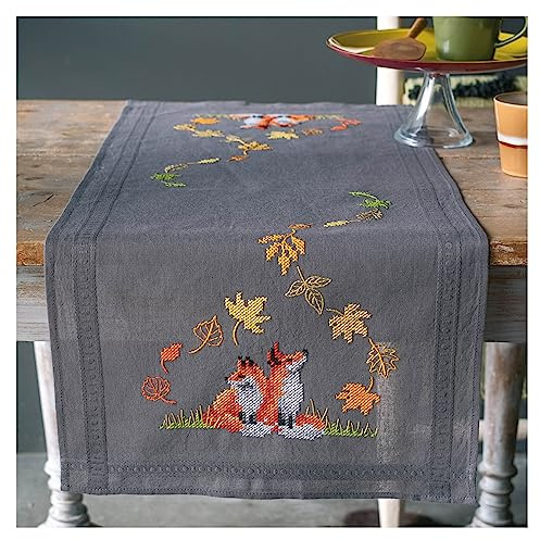 VERVACO Kit Punto Croce Prestampato Centrotavola VOLPI IN AUTUNNO Biancheria Da Tavola Set Fai Da Te Creativo 40 x 100 cm Kit Hobby Creativi Adulti Casa Decor Cross Stitch Runner