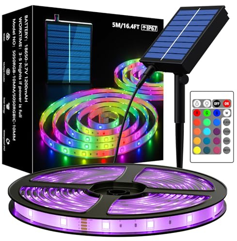 MIWATT 10meter 5050 RGB Solar Lichtleiste, Solarbetriebene Phantom Auto Farbwechsel Lichtleiste, IP67 Wasserdicht, Baum Dach Weihnachten Hochzeit Party Pool Dekoration