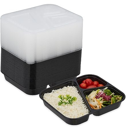 Relaxdays Meal Prep Boxen, 24er Set, 3 Fächer, mikrowellengeeignet, wiederverwendbar, Kunststoff Essensbehälter, schwarz