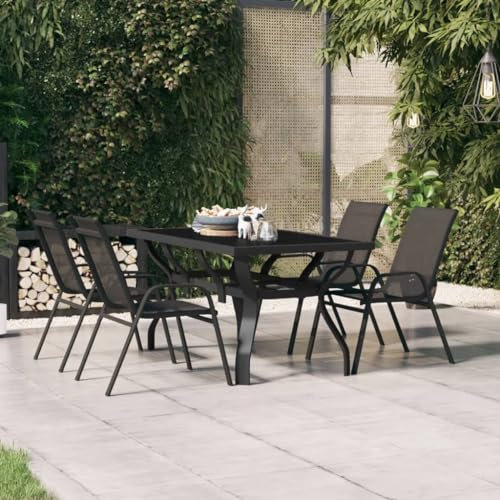 AUVYI Mesa de jardín negra 140 x 70 x 70 cm, acero y cristal, mesa de comedor, mesa de sofá, salón, mesa auxiliar, mesa de bar, mesa de balcón, mesa pequeña, mesa de café, mesa de camping