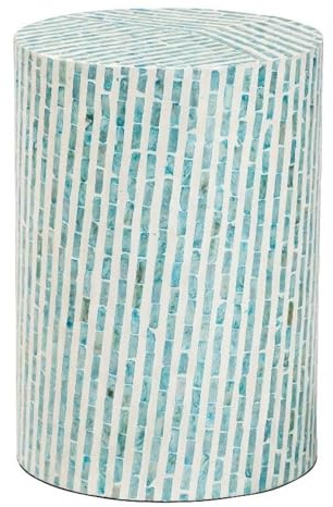 Pemberly Row Bohemian Wood End Table, 18.5 H x 13 W, Mother of Pearl Mosaic, White and Blue Finish, Cylindrical Frame, Round Base, Fully Assembled Accent Table for Living Room or Bedroom