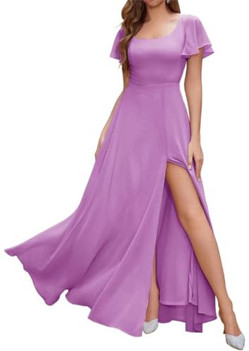 Vestidos largos de gasa para dama de honor con abertura, manga corta, acampanados, vestidos de noche formales para mujer, invitadas de boda, Lila, 36