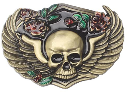 Longcreek Gotisches Totenkopf-Gürtelschnalle für Herren, Wikinger-Totenkopf-Flügel Gürtelschnalle, Blume Rose Totenkopf Gürtelschnalle, Jahrgang Punk Rock-Totenkopf-Gürtelschnalle