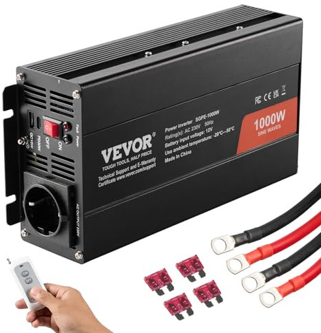 VEVOR Inversor de Corriente de Onda Sinusoidal Pura Inversor de Corriente 1000 W CC 12 V a CA 230 V con 2 Salidas de CA, 2 Puertos USB, 1 Puerto Tipo C y Control Remoto para teléfonos inteligentes, PC