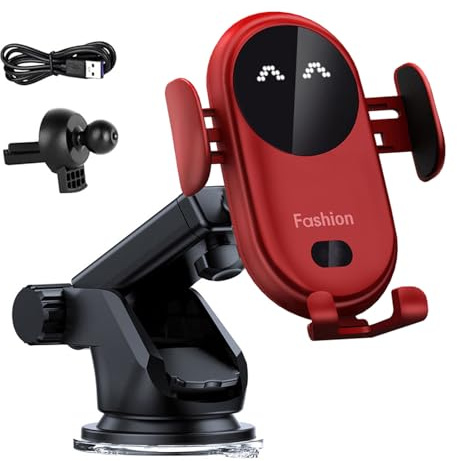 Intelligentes Auto-Drahtlos-Ladegerät Handyhalter, Handyhalterung Auto mit Ladefunktion, 360° Drehbar Armaturenbrett Kabelloses Ladegerät, Automatische Klemmung Handyhalter für Auto (Rot)