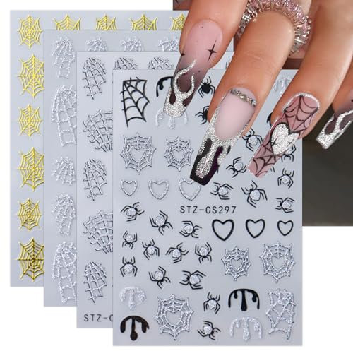 JMEOWIO Nagelsticker Spinnennetz Halloween 8 Blatt Nail Art Sticker Selbstklebend Nagelaufkleber Dekoration Nageldesign Zubehör