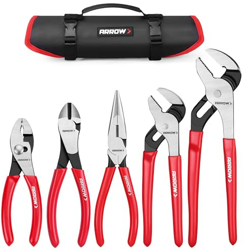 ARROW 5PCS Pliers Set, 6 Slip Joint, 7 Diagonal, 8 Needle Nose Pliers, 8&10 Groove Joint with Non-slip Handle, Portable Rolling Bag With Handle, Premium Carbon Steel