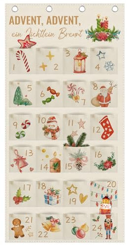 Adventskalender 2024 som väggkalender av tyg, adventskalender för fyllning med 24 fickor, adventskalender väggmatta, hängande för vägg, dörr, dekoration, jul, kalender tygpåse, julkalender