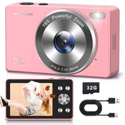 4K Digital Camera, VITALUXE FHD Kids Camera, Real 13MP 16x Zoom Autofocus, 2.83'' LCD Screen, Long Lasting, Compact Small Vintage Camera with 32G Card, Best Gift for Kids, Teens, Girl, Boy, Beginngers