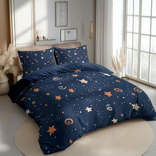 Bettwäsche 180 x 200 cm Bettbezug Wendebettwäsche Set Atmungsaktiv Microfaser Bettwaren-Set mit Reißverschluss und Kissenbezug Cartoon Textur Sterne, Ideal für Sommer und Winter, Blau