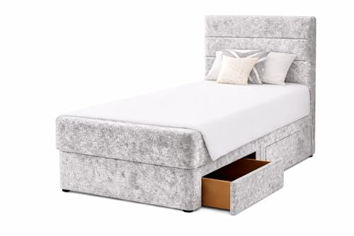 CALISMA Designer Paris Single Divan Bed Base with Horizontal Headboard, Spring Mattress, Silver Crush Fabric, No Storage (silver crush, 3ft single)