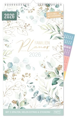 Häfft® Familienplaner 2026 mit 5 Spalten Blattgold 22,5 x 41,2 cm | Wandkalender 2026 mit Sticker, Familienkalender Wandplaner: Ferientermine & viele Zusatzinfos