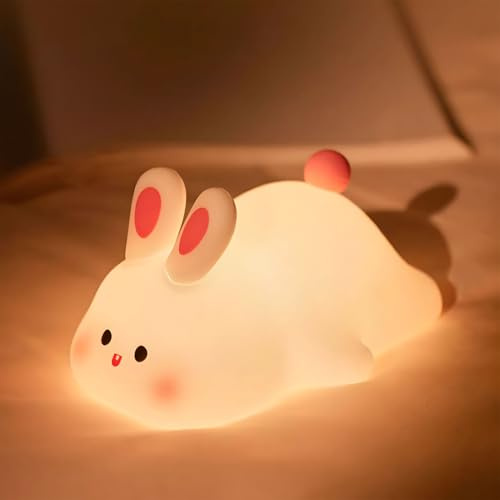 Rytinazzz Nachtlicht Kinder Hase, Weiches Silikon Nachtlicht Baby mit Klopfsteuerung, dimmbar und USB-aufladbar, süße Hasenlampe für Kinderzimmer Babyzimmer, Geschenk für Mädchen Jungen